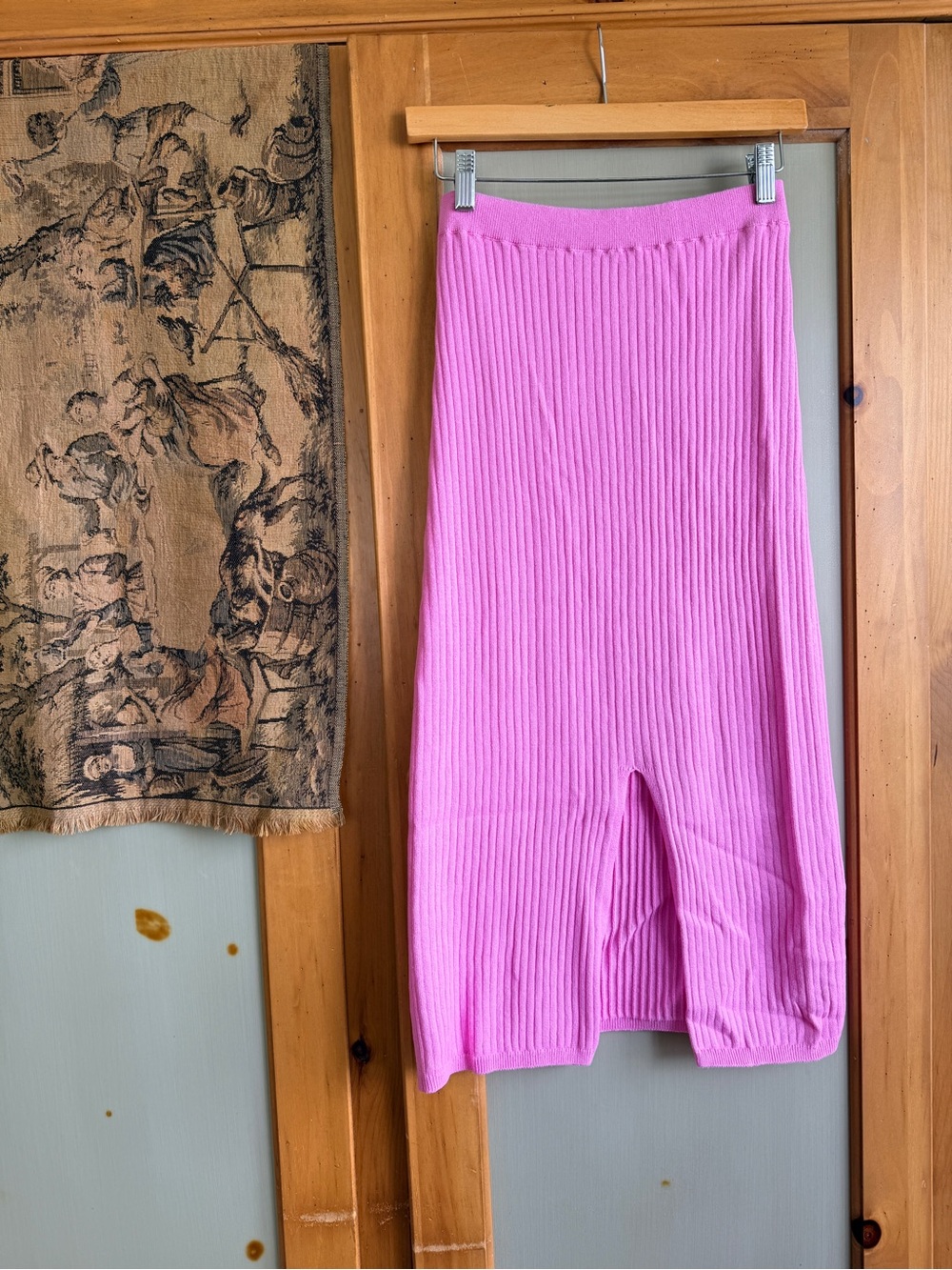 Free People Bright Pink Ribbed Midi Skirt with Front Slit